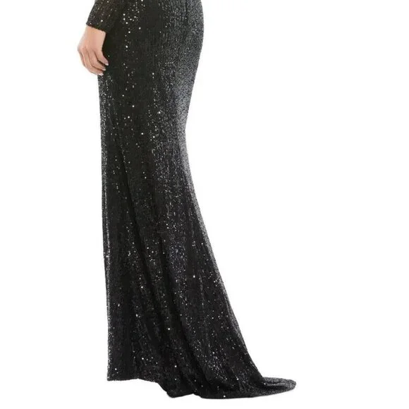 Mac Duggal Black Sequin Long Sleeve Sequin Faux Wrap Gown